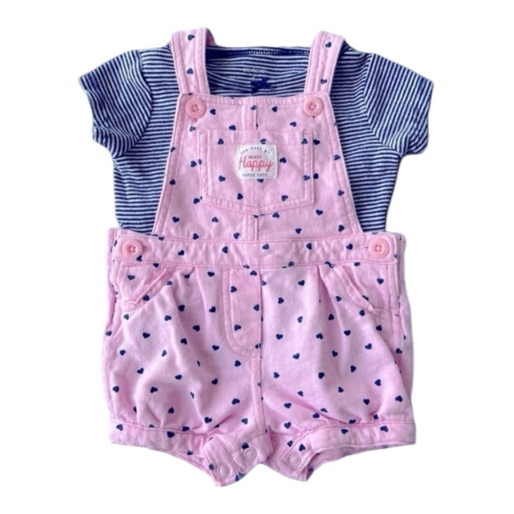 CARTER’S Pink Heart Shortall with Navy Stripe Tee Set